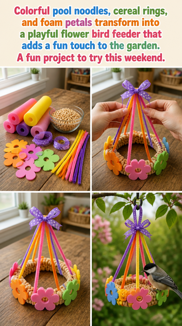 Colorful pool noodles, cereal rings, and foam petals transform into a playful flower bird feeder that adds a fun touch to the garden. A fun project to try this weekend.