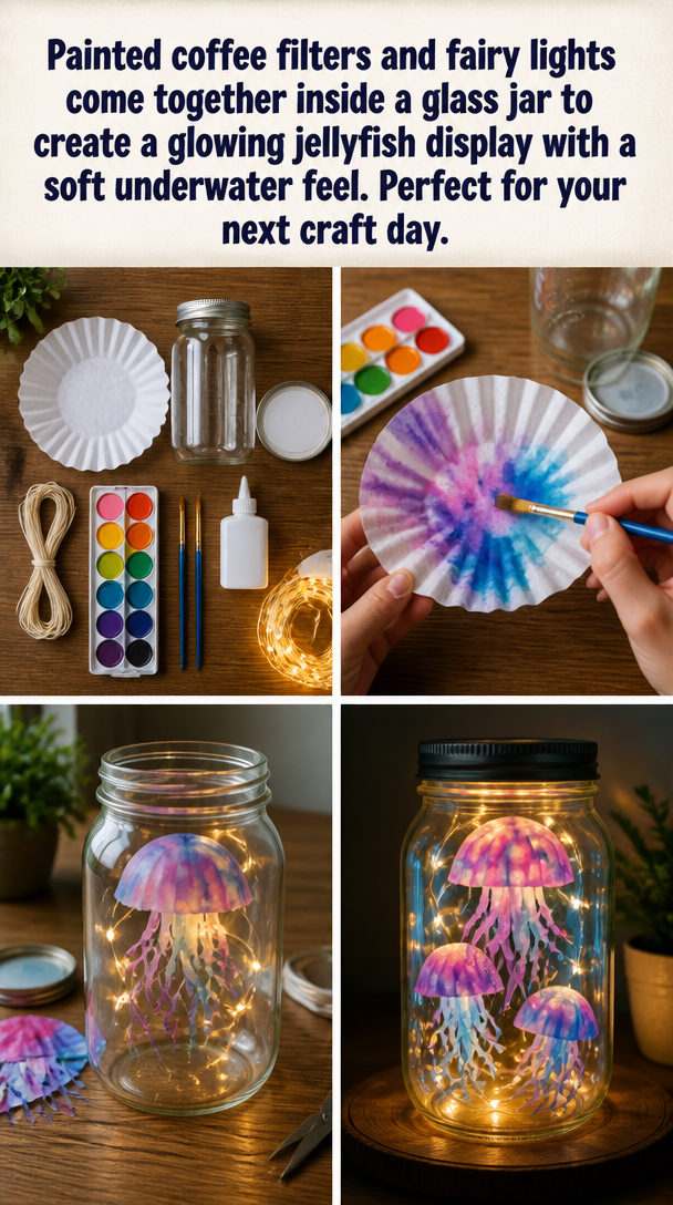 Painted coffee filters and fairy lights come together inside a glass jar to create a glowing jellyfish display with a soft underwater feel. Perfect for your next craft day.