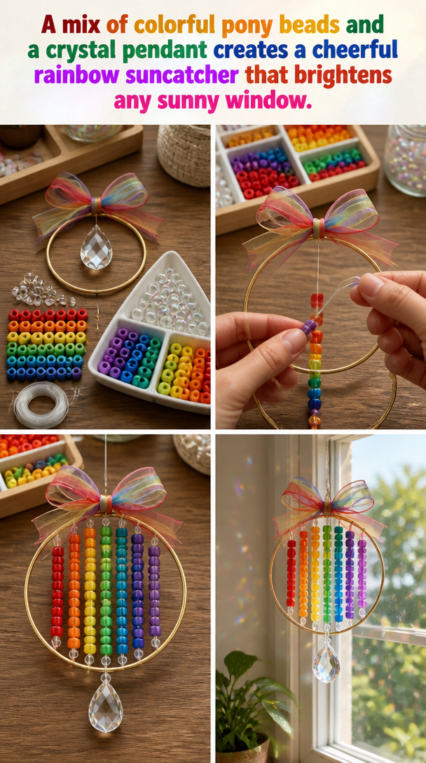 A mix of colorful pony beads and a crystal pendant creates a cheerful rainbow suncatcher that brightens any sunny window.