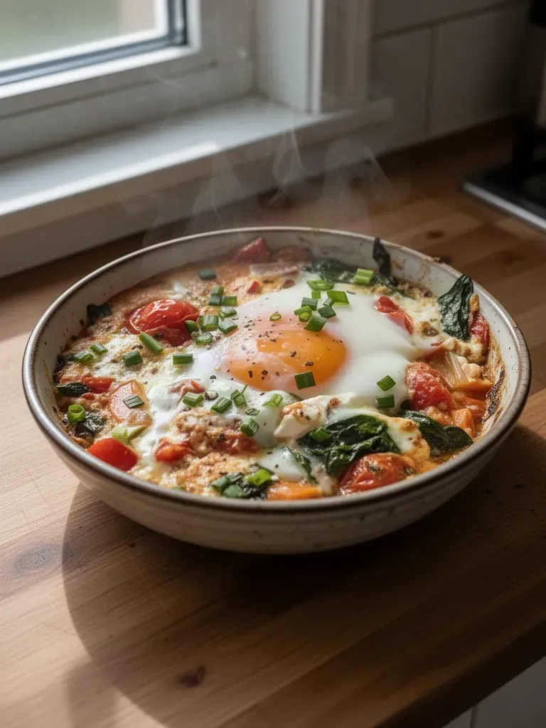 Baked Feta Eggs with Tomatoes and Spinach