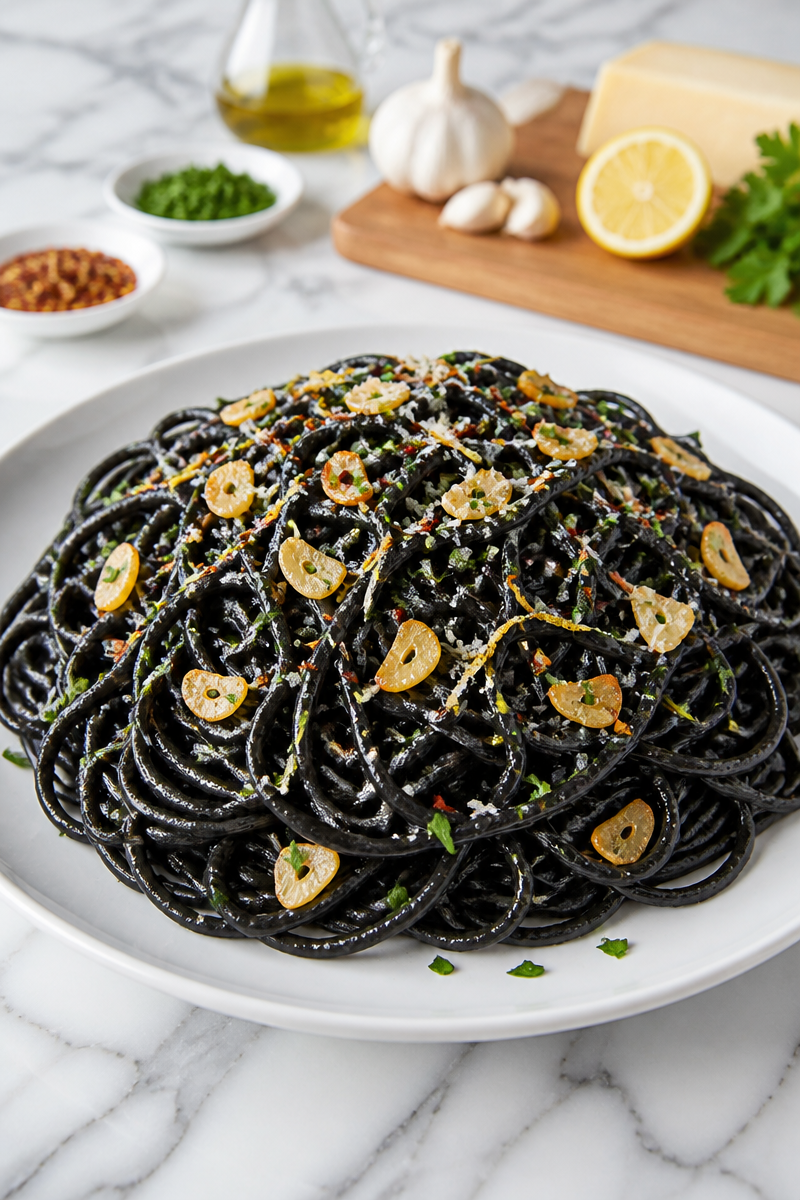 Witches Hair Squid Ink Pasta Chili