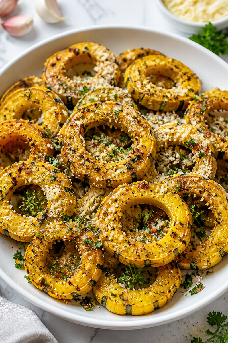 Roasted Garlic Parmesan Delicata Squash