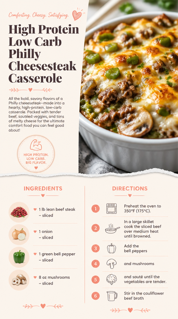 High Protein Low Carb Philly Cheesesteak Casserole