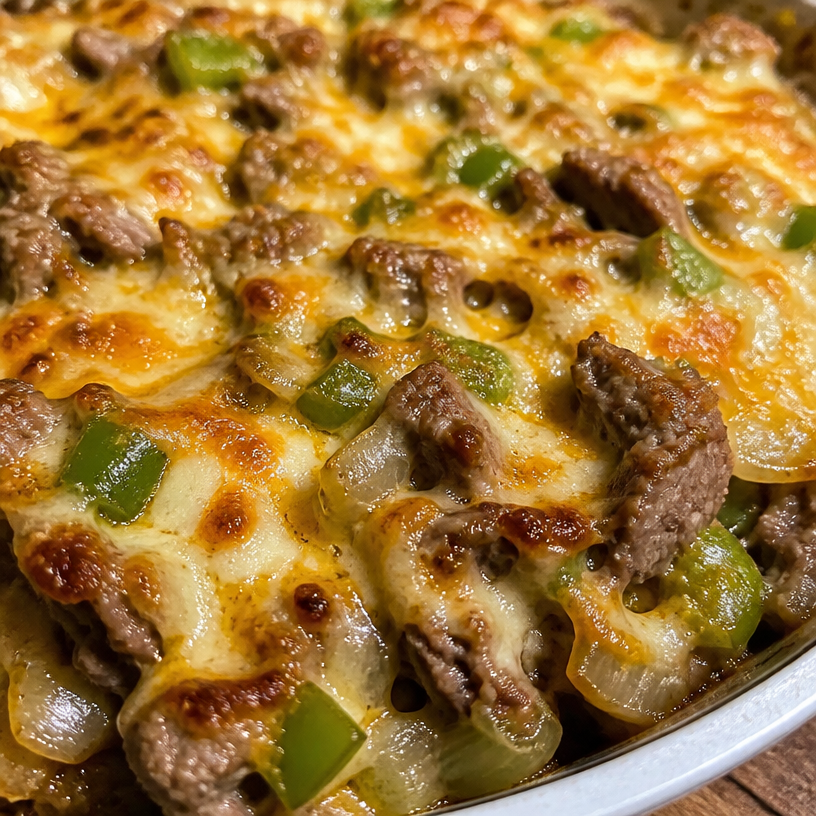 High Protein Low Carb Philly Cheesesteak Casserole