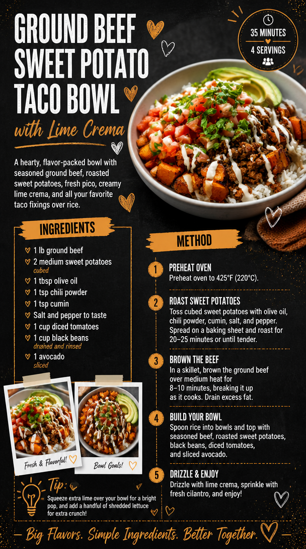 Ground Beef Sweet Potato Taco Bowl with Lime Crema