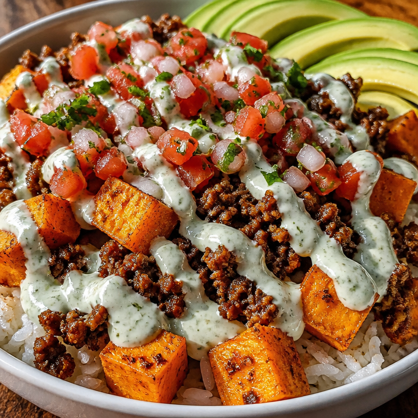 Ground Beef Sweet Potato Taco Bowl with Lime Crema