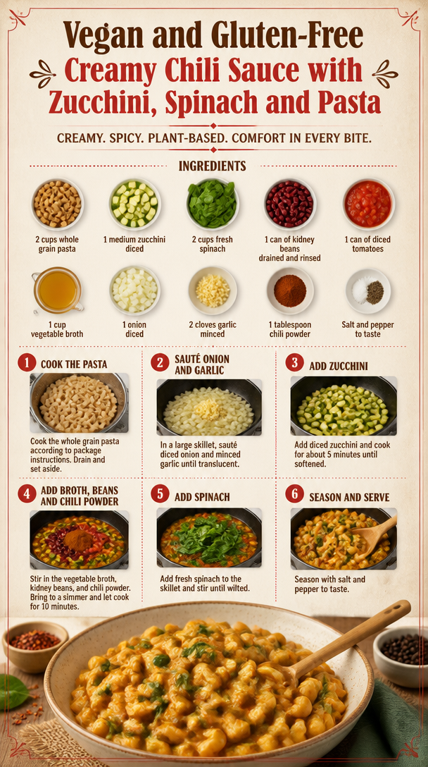 Vegan and Gluten-Free Creamy Chili Sauce with Zucchini, Spinach and Pasta