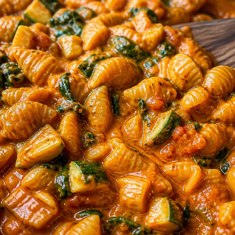 Vegan and Gluten-Free Creamy Chili Sauce with Zucchini, Spinach and Pasta