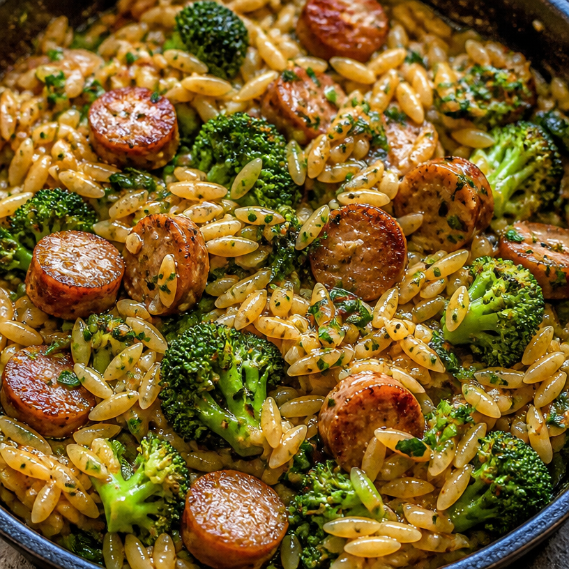 Chicken Sausage Broccoli Orzo Skillet
