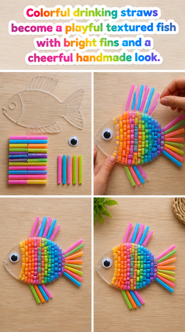Colorful drinking straws become a playful textured fish with bright fins and a cheerful handmade look. 8 Colorful drinking straws become a playful textured fish with bright fins and a cheerful handmade look.