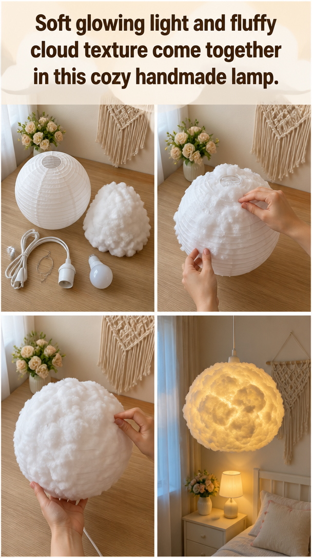 Soft glowing light and fluffy cloud texture come together in this cozy handmade lamp. 8 Soft glowing light and fluffy cloud texture come together in this cozy handmade lamp.
