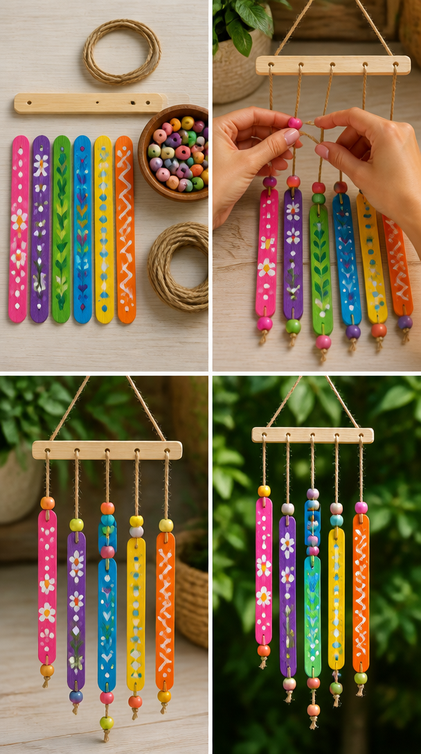 Painted craft sticks, beads, and twine come together in a lively wind chime that adds color and gentle movement to an outdoor space. A fun project to try this weekend. #StickWindChime #BeadCraft #Outdoor 8 Painted craft sticks, beads, and twine come together in a lively wind chime that adds color and gentle movement to an outdoor space. A fun project to try this weekend. #StickWindChime #BeadCraft #Outdoor