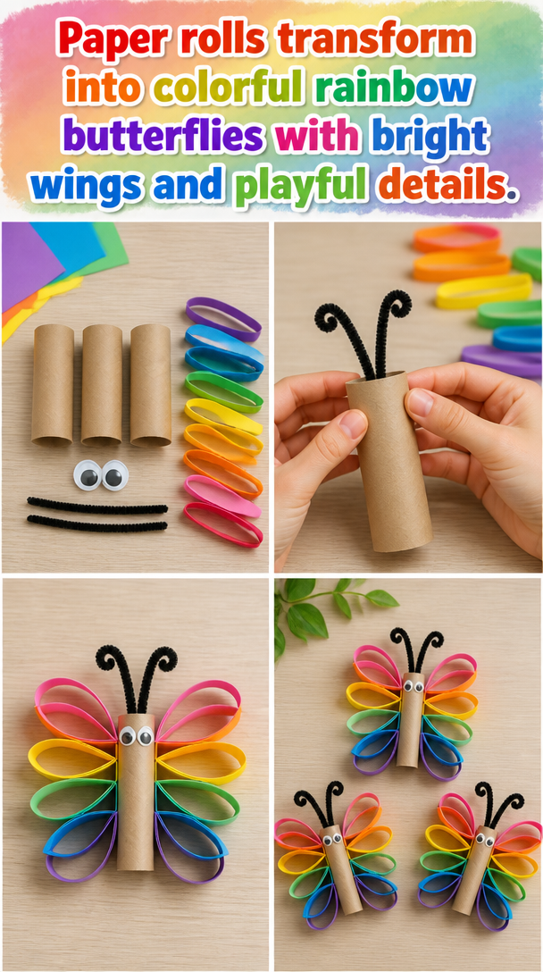Paper rolls transform into colorful rainbow butterflies with bright wings and playful details. 8 Paper rolls transform into colorful rainbow butterflies with bright wings and playful details.