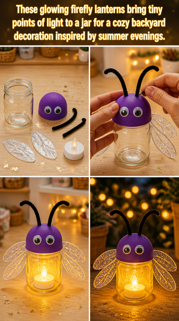 These glowing firefly lanterns bring tiny points of light to a jar for a cozy backyard decoration inspired by summer evenings. 8 These glowing firefly lanterns bring tiny points of light to a jar for a cozy backyard decoration inspired by summer evenings.
