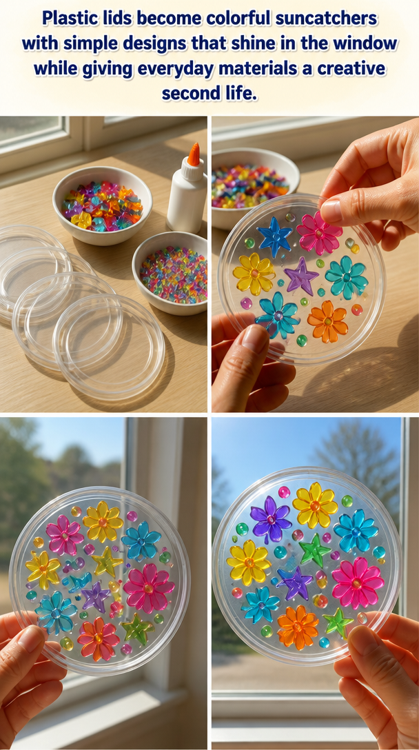 Plastic lids become colorful suncatchers with simple designs that shine in the window while giving everyday materials a creative second life. 8 Plastic lids become colorful suncatchers with simple designs that shine in the window while giving everyday materials a creative second life.