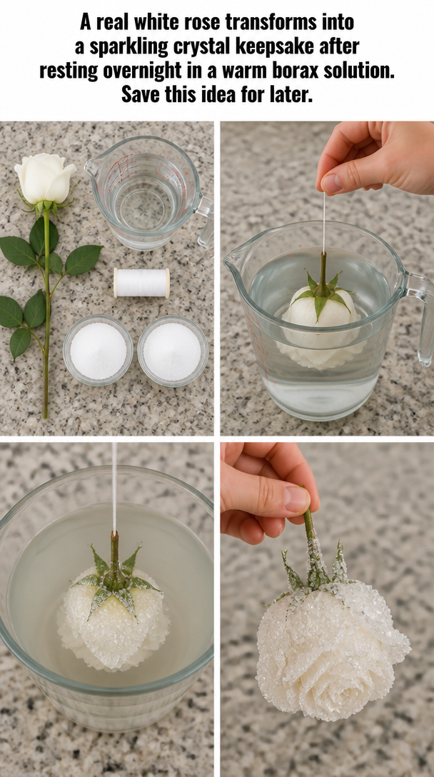 A real white rose transforms into a sparkling crystal keepsake after resting overnight in a warm borax solution. Save this idea for later. 8 A real white rose transforms into a sparkling crystal keepsake after resting overnight in a warm borax solution. Save this idea for later.