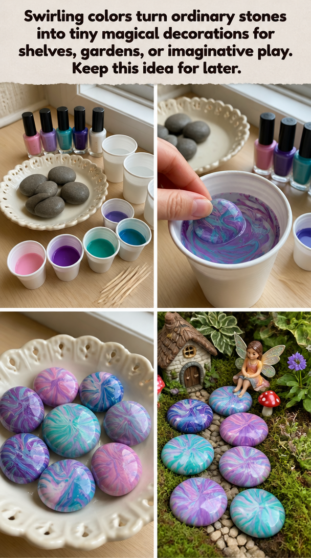Swirling colors turn ordinary stones into tiny magical decorations for shelves, gardens, or imaginative play. Keep this idea for later. 8 Swirling colors turn ordinary stones into tiny magical decorations for shelves, gardens, or imaginative play. Keep this idea for later.