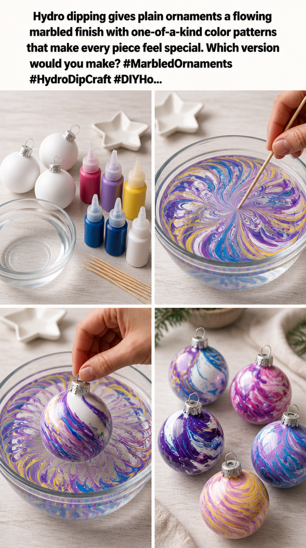Hydro dipping gives plain ornaments a flowing marbled finish with one-of-a-kind color patterns that make every piece feel special. Which version would you make? #MarbledOrnaments #HydroDipCraft #DIYHo... 8 Hydro dipping gives plain ornaments a flowing marbled finish with one-of-a-kind color patterns that make every piece feel special. Which version would you make? #MarbledOrnaments #HydroDipCraft #DIYHo...