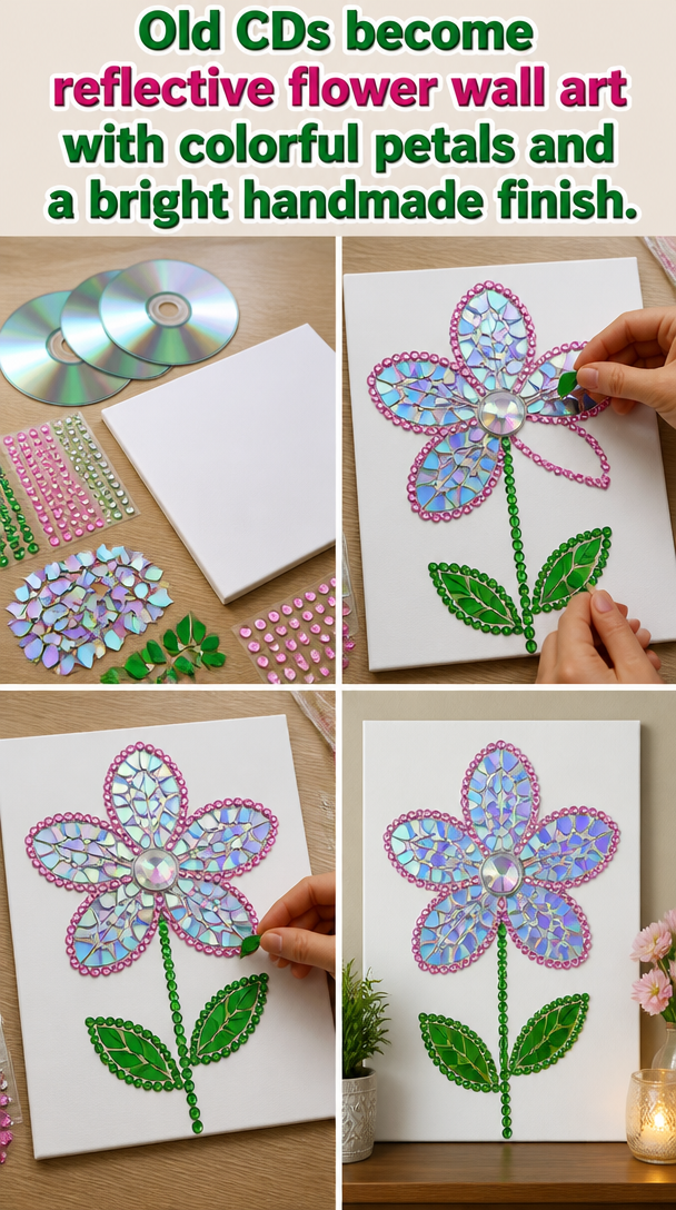 Old CDs become reflective flower wall art with colorful petals and a bright handmade finish. 8 Old CDs become reflective flower wall art with colorful petals and a bright handmade finish.