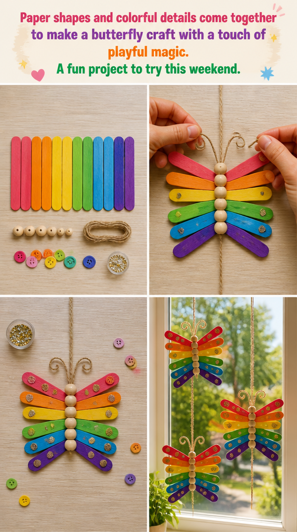 Paper shapes and colorful details come together to make a butterfly craft with a touch of playful magic. A fun project to try this weekend. 8 Paper shapes and colorful details come together to make a butterfly craft with a touch of playful magic. A fun project to try this weekend.