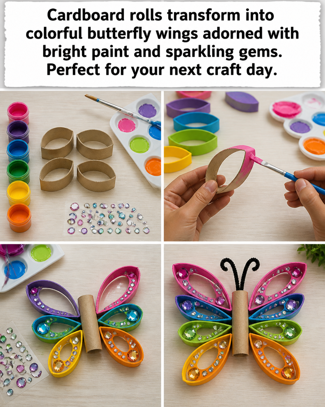 Cardboard rolls transform into colorful butterfly wings adorned with bright paint and sparkling gems. Perfect for your next craft day. 8 Cardboard rolls transform into colorful butterfly wings adorned with bright paint and sparkling gems. Perfect for your next craft day.