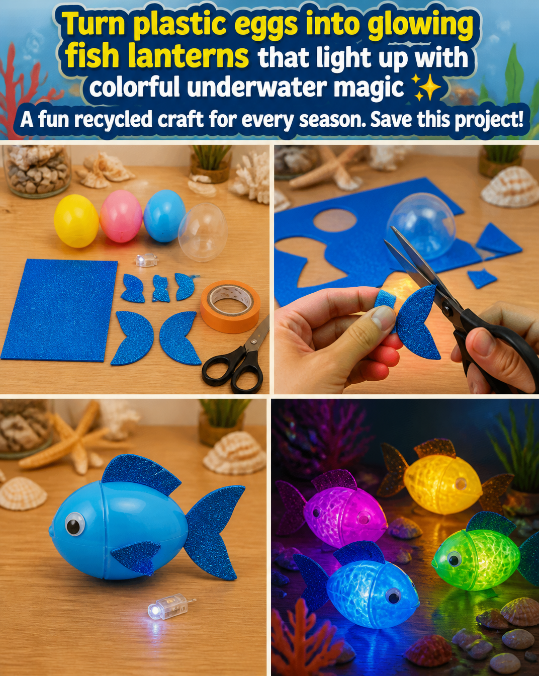 Turn plastic eggs into glowing fish lanterns that light up with colorful underwater magic ✨ A fun recycled craft for every season. Save this project! 8 Turn plastic eggs into glowing fish lanterns that light up with colorful underwater magic ✨ A fun recycled craft for every season. Save this project!