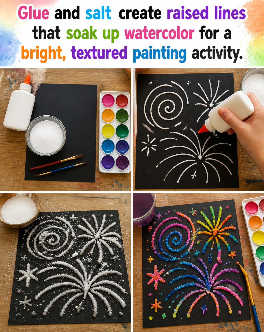 Glue and salt create raised lines that soak up watercolor for a bright, textured painting activity. 8 Glue and salt create raised lines that soak up watercolor for a bright, textured painting activity.