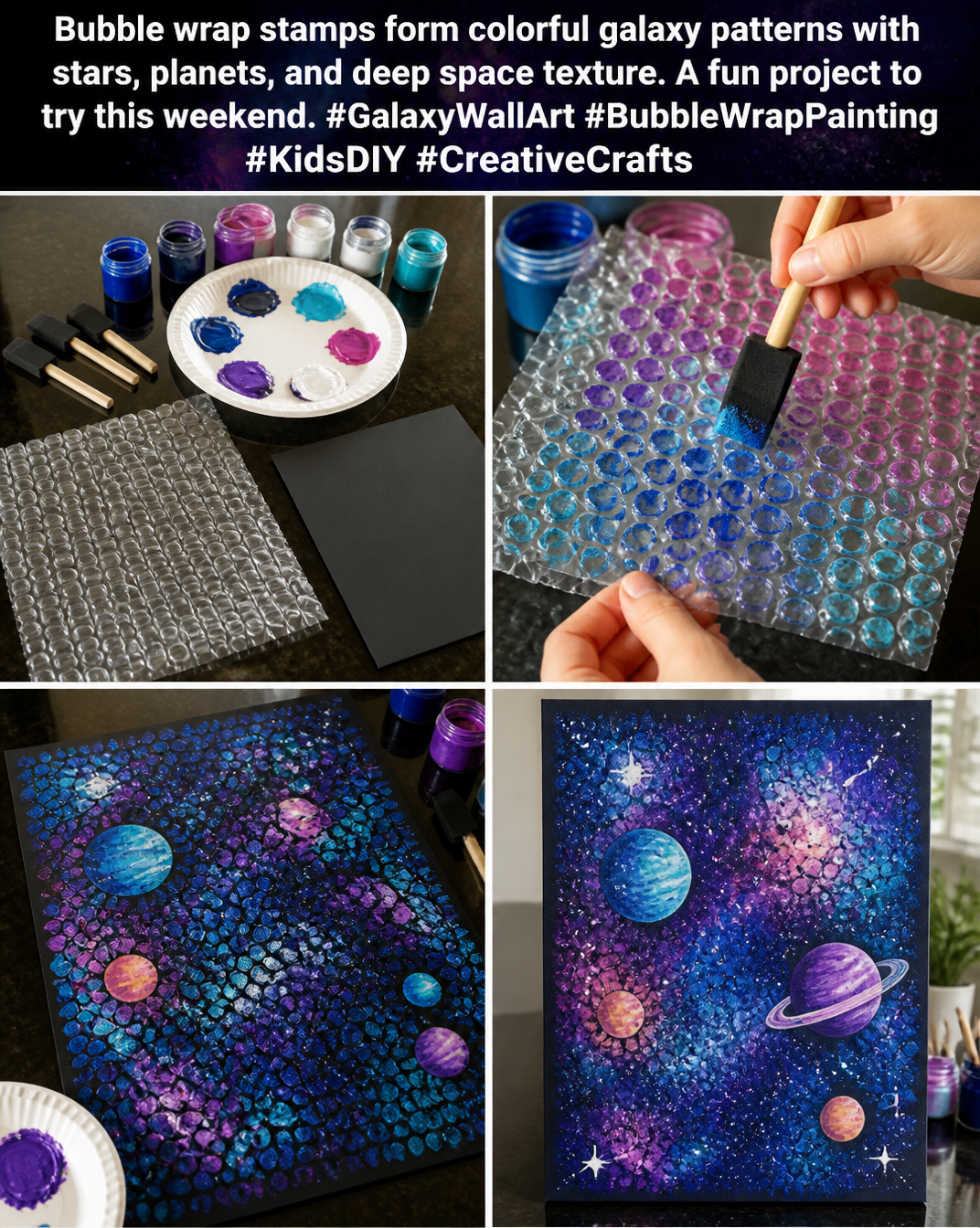 Bubble wrap stamps form colorful galaxy patterns with stars, planets, and deep space texture. A fun project to try this weekend. #GalaxyWallArt #BubbleWrapPainting #KidsDIY #CreativeCrafts 8 Bubble wrap stamps form colorful galaxy patterns with stars, planets, and deep space texture. A fun project to try this weekend. #GalaxyWallArt #BubbleWrapPainting #KidsDIY #CreativeCrafts