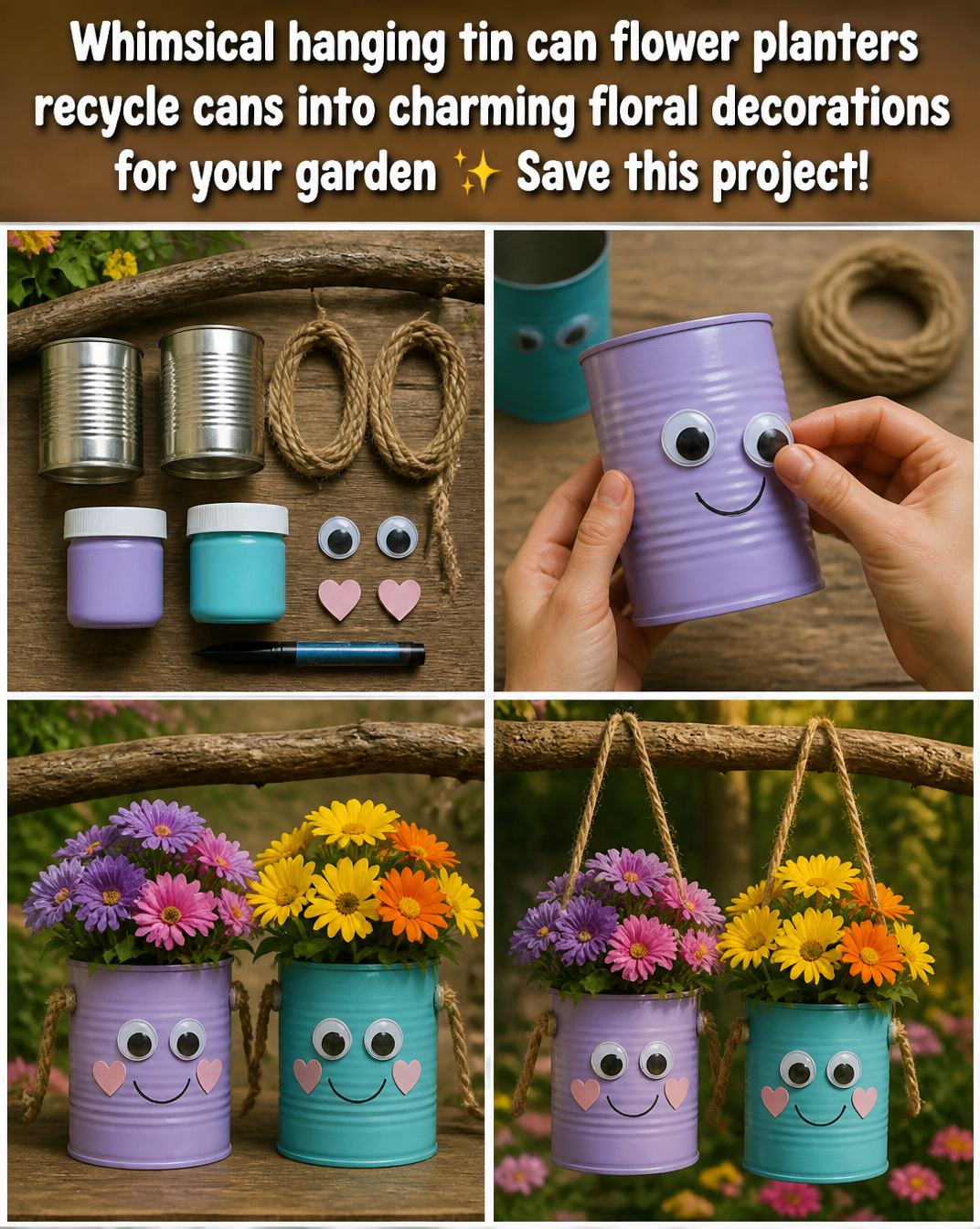 Whimsical hanging tin can flower planters recycle cans into charming floral decorations for your garden ✨ Save this project! 8 Whimsical hanging tin can flower planters recycle cans into charming floral decorations for your garden ✨ Save this project!