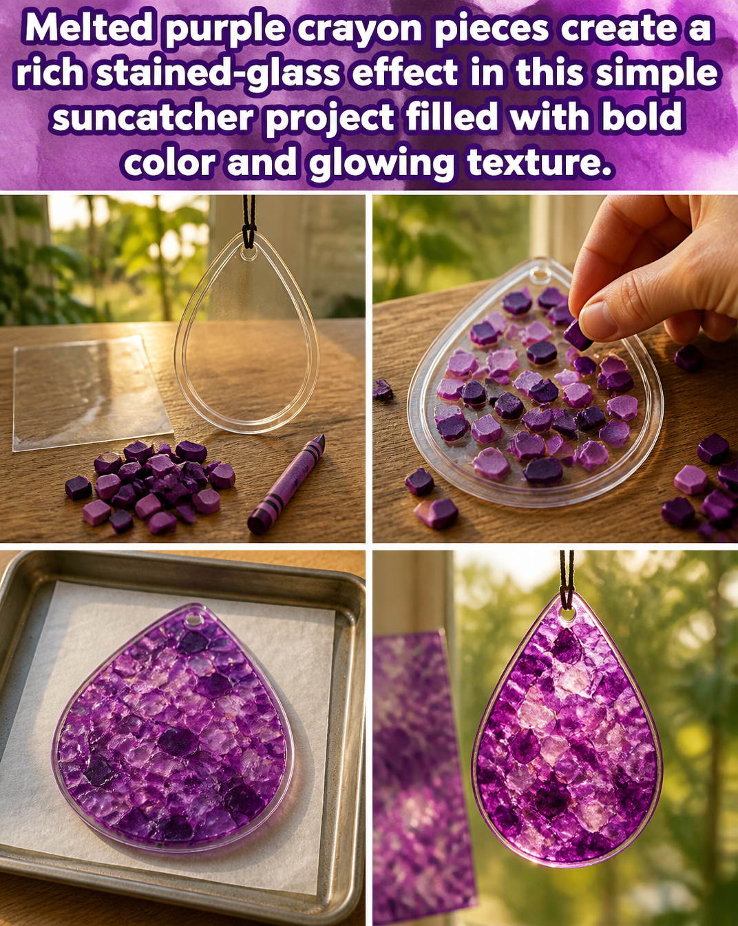 Melted purple crayon pieces create a rich stained-glass effect in this simple suncatcher project filled with bold color and glowing texture. 8 Melted purple crayon pieces create a rich stained-glass effect in this simple suncatcher project filled with bold color and glowing texture.