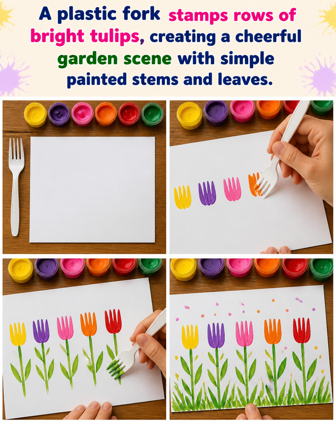 A plastic fork stamps rows of bright tulips, creating a cheerful garden scene with simple painted stems and leaves. 8 A plastic fork stamps rows of bright tulips, creating a cheerful garden scene with simple painted stems and leaves.