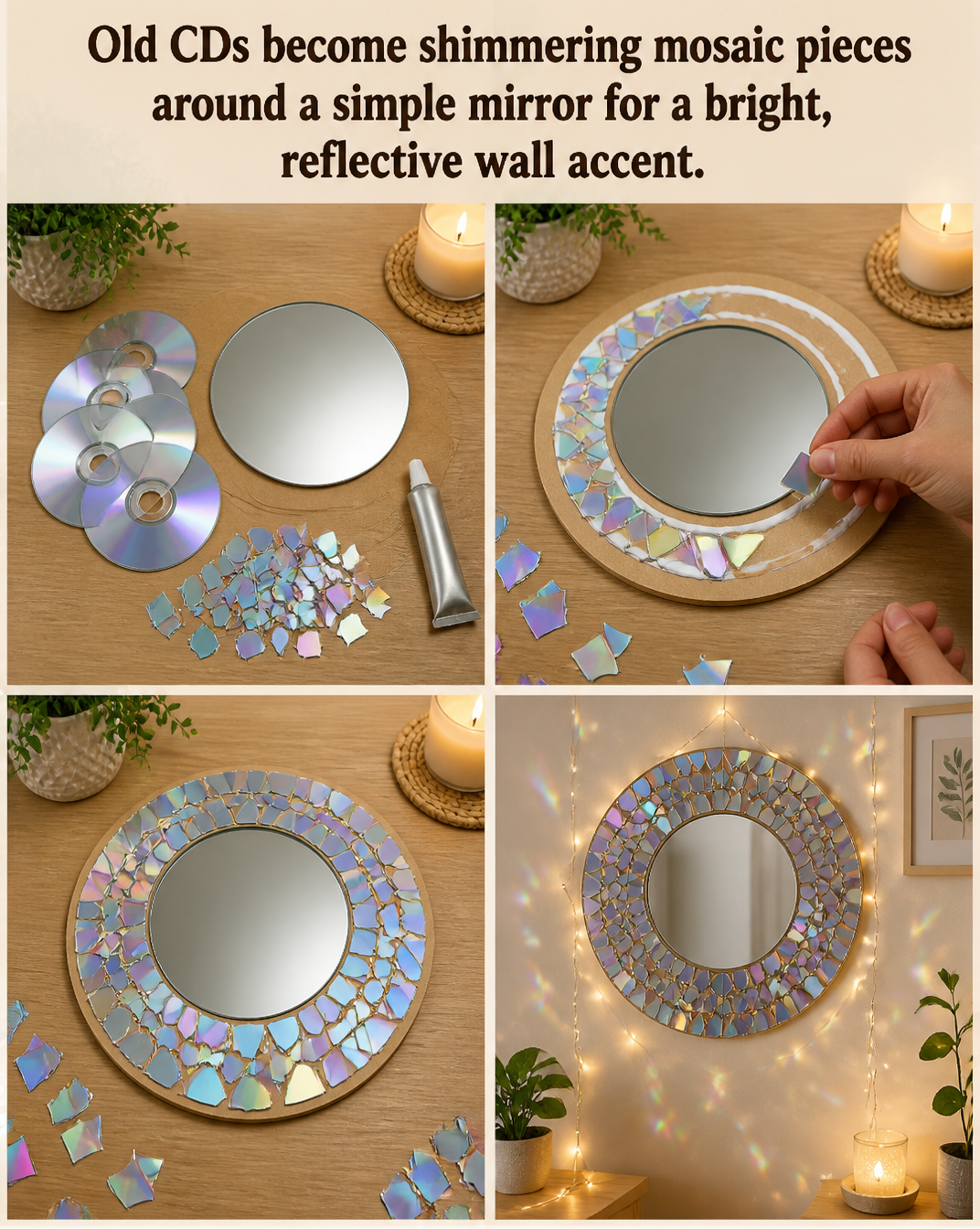 Old CDs become shimmering mosaic pieces around a simple mirror for a bright, reflective wall accent. 8 Old CDs become shimmering mosaic pieces around a simple mirror for a bright, reflective wall accent.