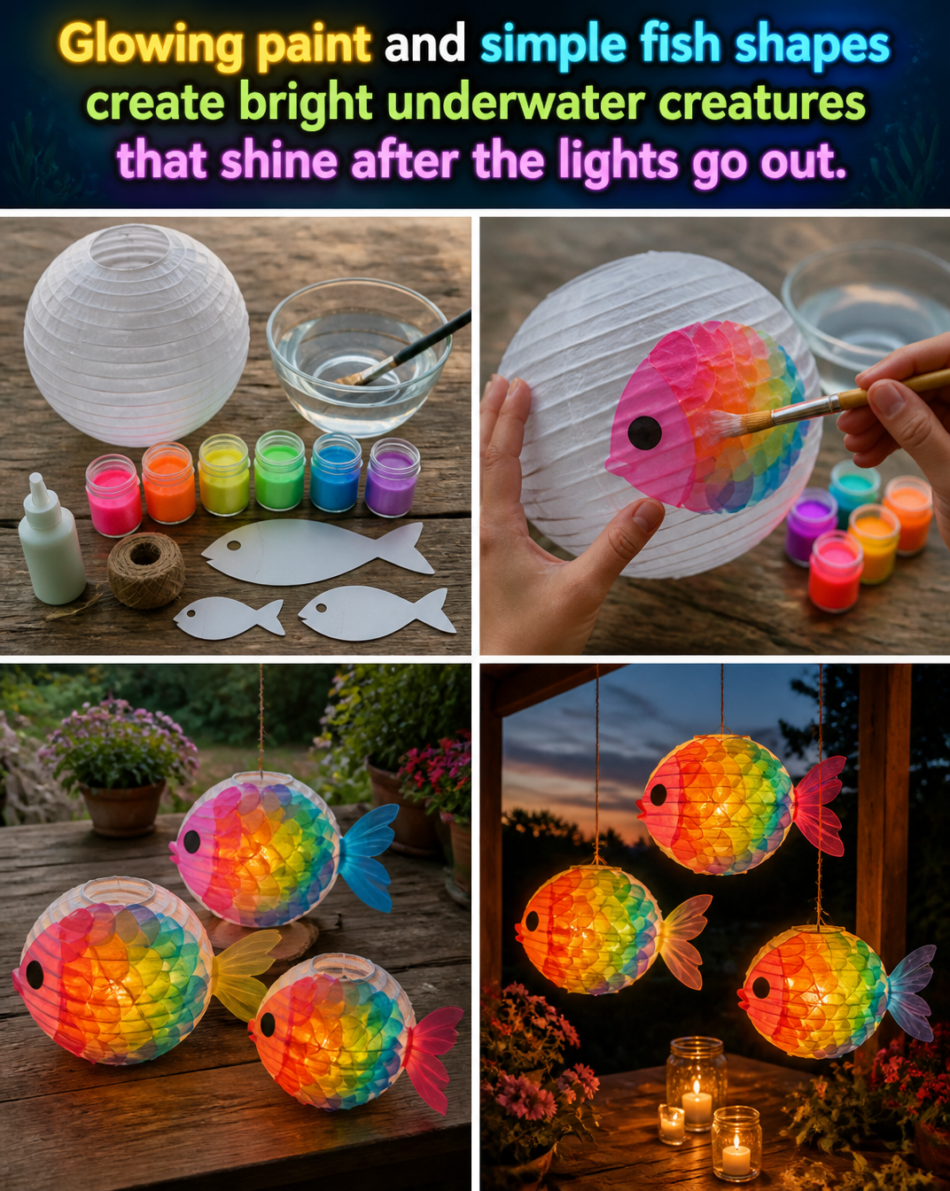Glowing paint and simple fish shapes create bright underwater creatures that shine after the lights go out. 8 Glowing paint and simple fish shapes create bright underwater creatures that shine after the lights go out.