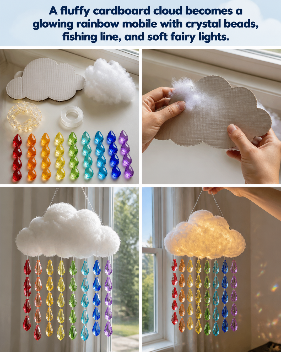A fluffy cardboard cloud becomes a glowing rainbow mobile with crystal beads, fishing line, and soft fairy lights. 8 A fluffy cardboard cloud becomes a glowing rainbow mobile with crystal beads, fishing line, and soft fairy lights.