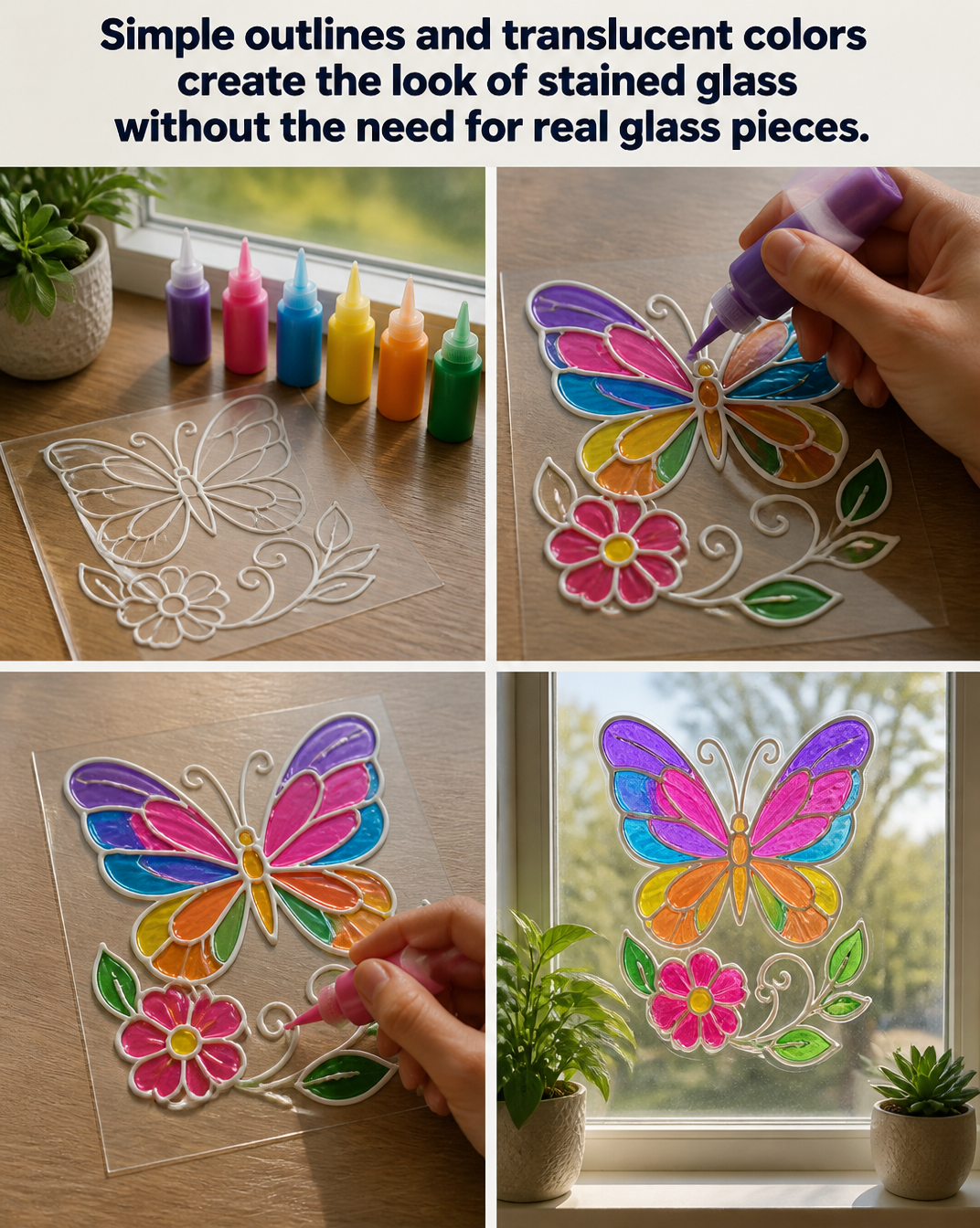 Simple outlines and translucent colors create the look of stained glass without the need for real glass pieces. 8 Simple outlines and translucent colors create the look of stained glass without the need for real glass pieces.