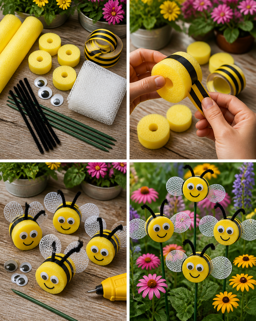Yellow pool noodle slices become cheerful bumble bee garden stakes with striped tape, mesh wings, and playful googly eyes. A fun project to try this weekend. #BumbleBeeStakes #PoolNoodleCraft #DIYGard 8 Yellow pool noodle slices become cheerful bumble bee garden stakes with striped tape, mesh wings, and playful googly eyes. A fun project to try this weekend. #BumbleBeeStakes #PoolNoodleCraft #DIYGard
