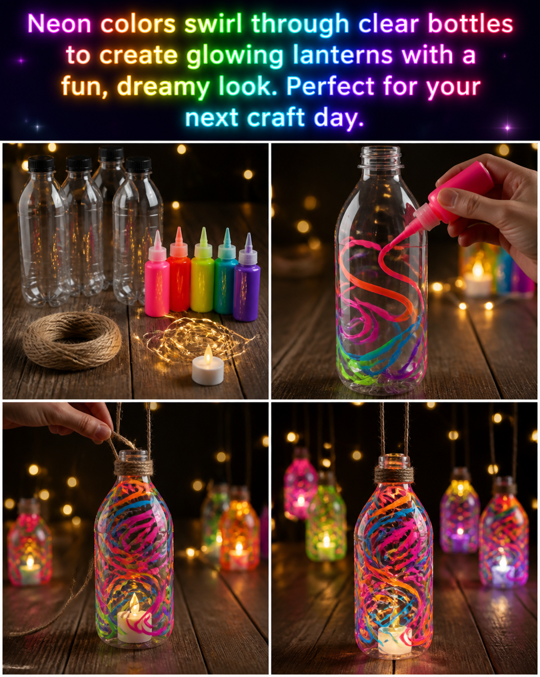 Neon colors swirl through clear bottles to create glowing lanterns with a fun, dreamy look. Perfect for your next craft day. 8 Neon colors swirl through clear bottles to create glowing lanterns with a fun, dreamy look. Perfect for your next craft day.