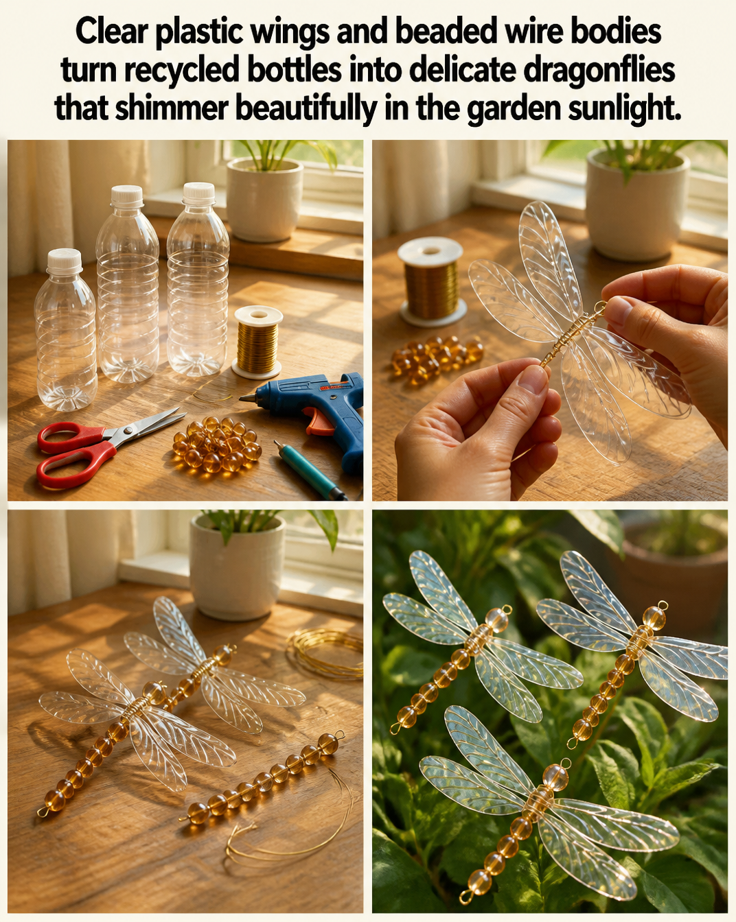 Clear plastic wings and beaded wire bodies turn recycled bottles into delicate dragonflies that shimmer beautifully in the garden sunlight. 8 Clear plastic wings and beaded wire bodies turn recycled bottles into delicate dragonflies that shimmer beautifully in the garden sunlight.