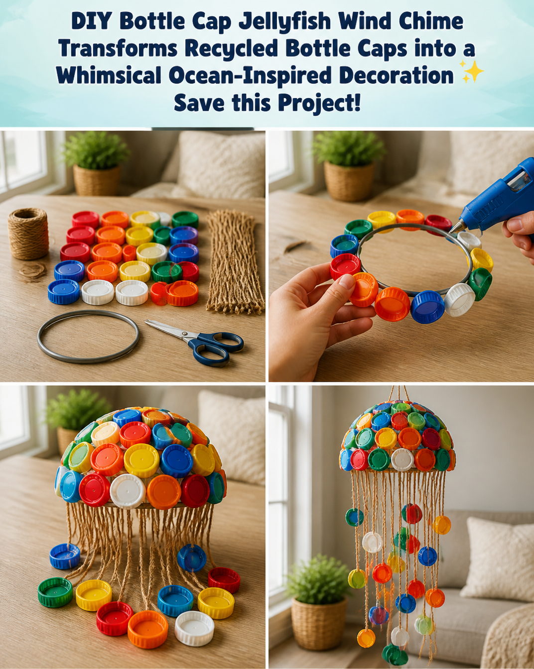 DIY Bottle Cap Jellyfish Wind Chime Transforms Recycled Bottle Caps into a Whimsical Ocean-Inspired Decoration ✨ Save this Project! 8 DIY Bottle Cap Jellyfish Wind Chime Transforms Recycled Bottle Caps into a Whimsical Ocean-Inspired Decoration ✨ Save this Project!