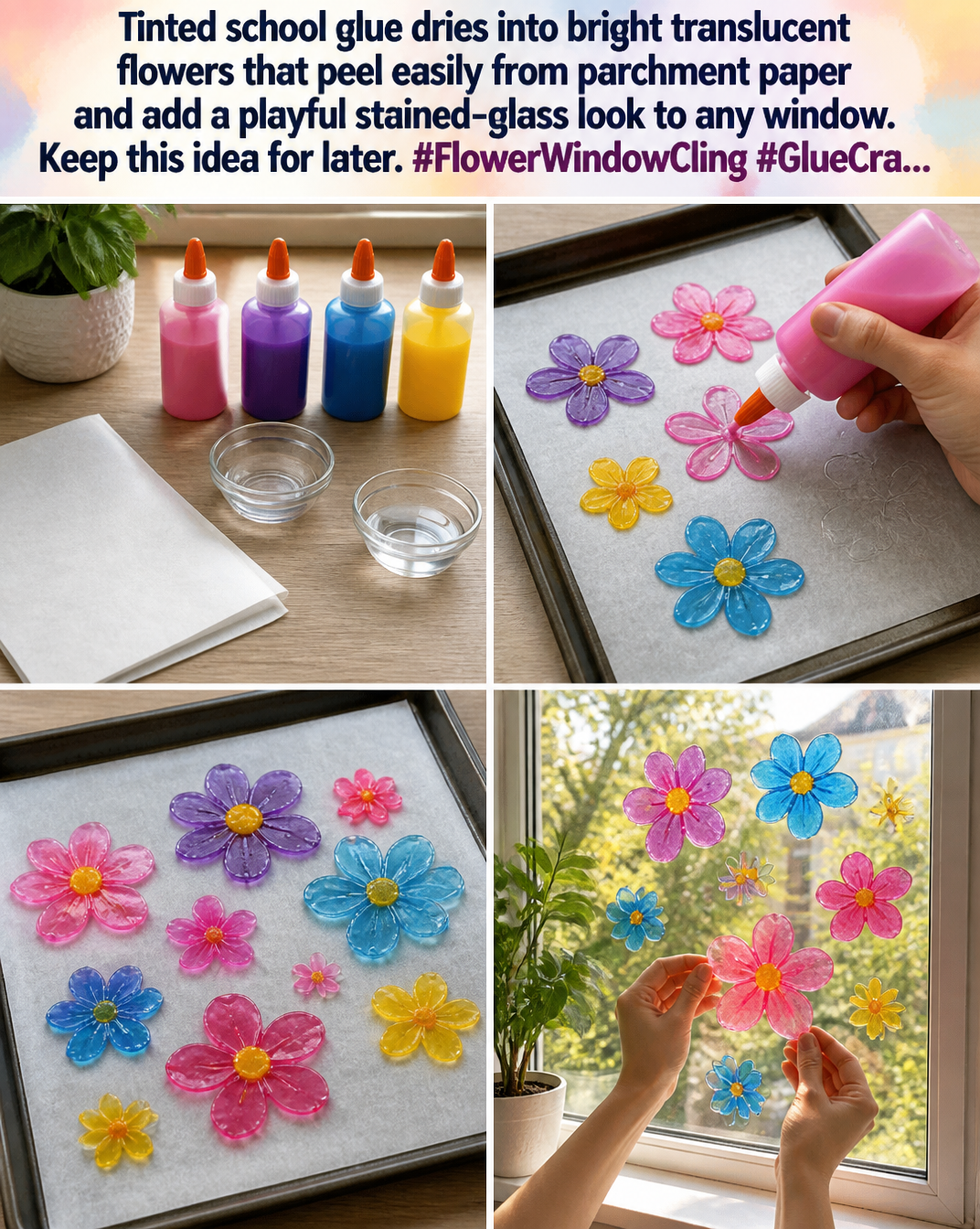 Tinted school glue dries into bright translucent flowers that peel easily from parchment paper and add a playful stained-glass look to any window. Keep this idea for later. #FlowerWindowCling #GlueCra... 8 Tinted school glue dries into bright translucent flowers that peel easily from parchment paper and add a playful stained-glass look to any window. Keep this idea for later. #FlowerWindowCling #GlueCra...