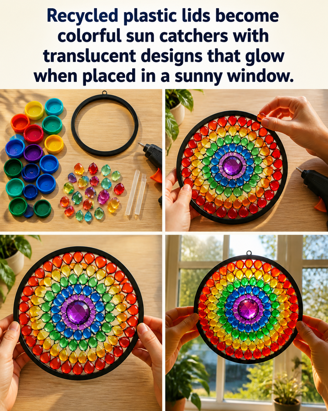 Recycled plastic lids become colorful sun catchers with translucent designs that glow when placed in a sunny window. 8 Recycled plastic lids become colorful sun catchers with translucent designs that glow when placed in a sunny window.