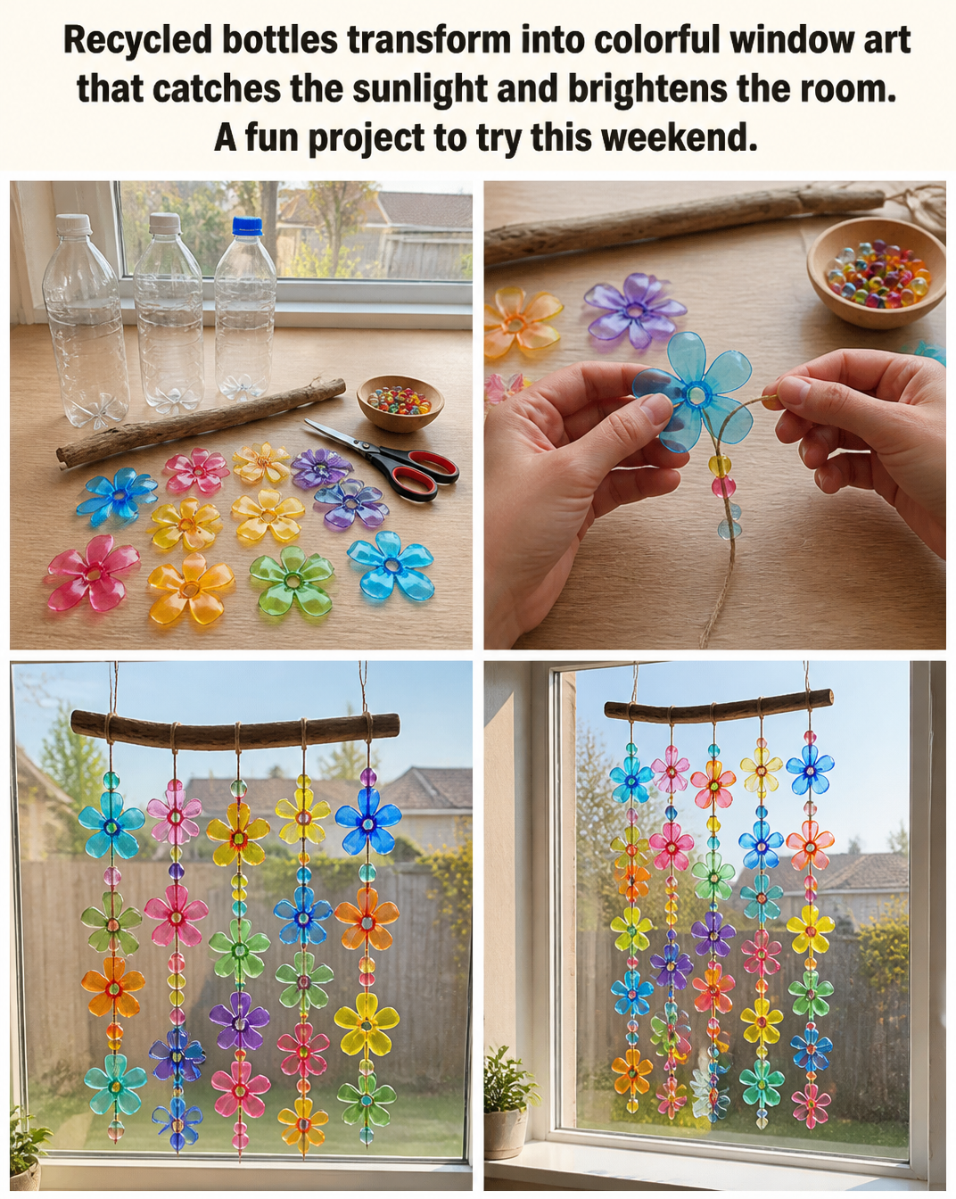 Recycled bottles transform into colorful window art that catches the sunlight and brightens the room. A fun project to try this weekend. 8 Recycled bottles transform into colorful window art that catches the sunlight and brightens the room. A fun project to try this weekend.