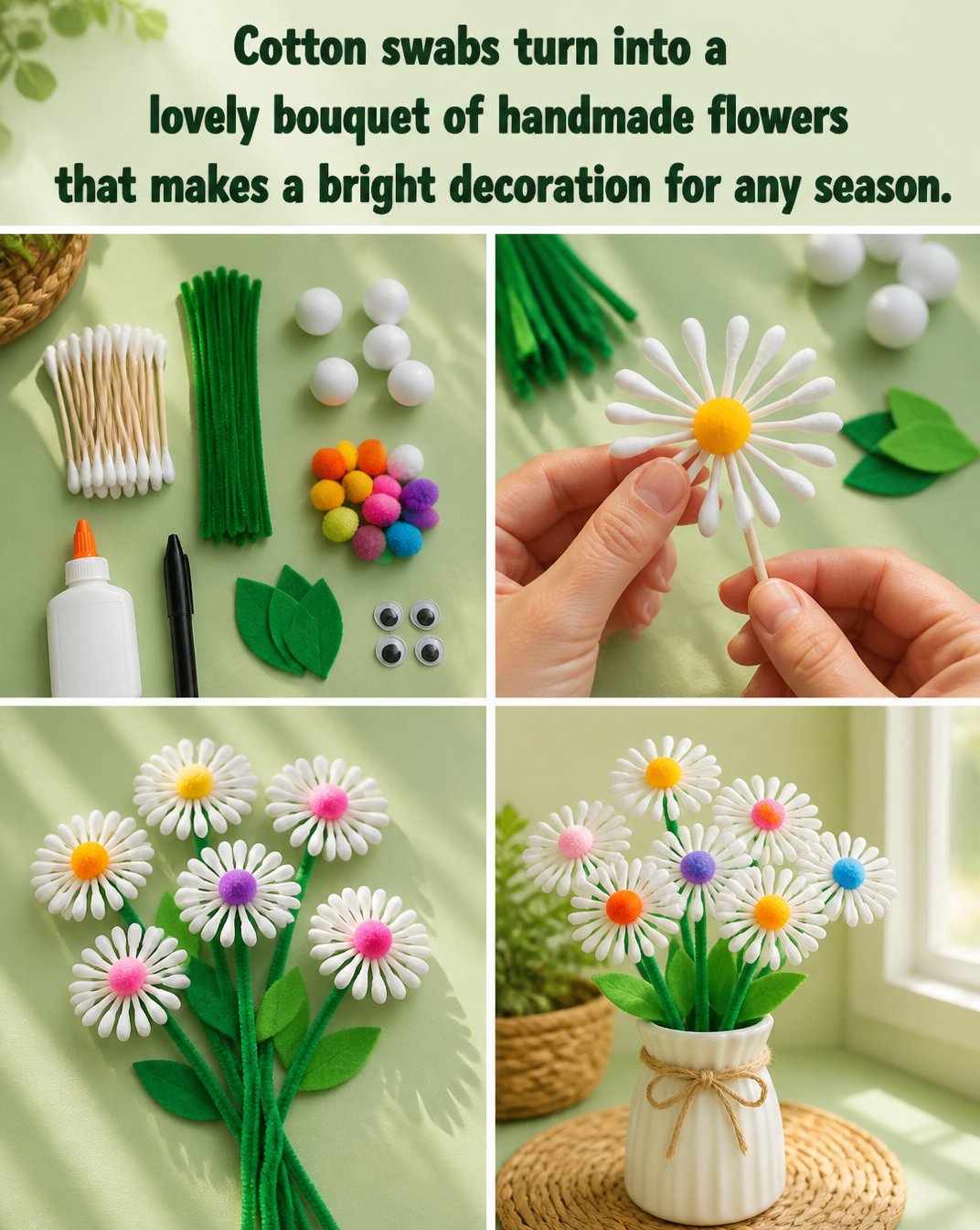 Cotton swabs turn into a lovely bouquet of handmade flowers that makes a bright decoration for any season. 2 Cotton swabs turn into a lovely bouquet of handmade flowers that makes a bright decoration for any season.