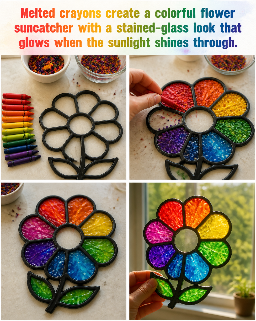 Melted crayons create a colorful flower suncatcher with a stained-glass look that glows when the sunlight shines through. 8 Melted crayons create a colorful flower suncatcher with a stained-glass look that glows when the sunlight shines through.