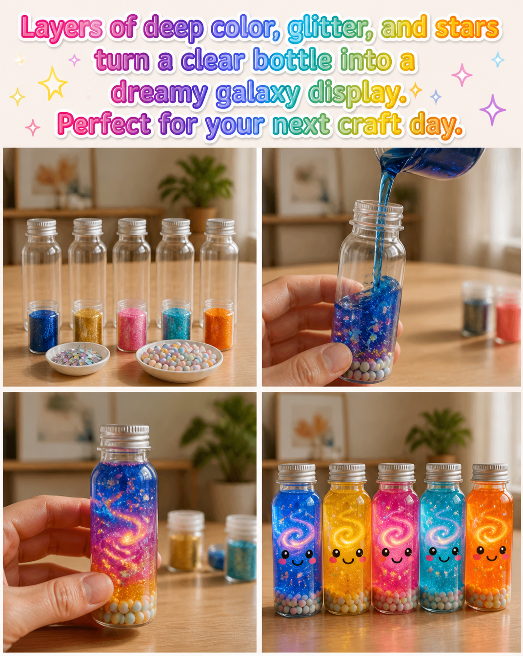 Layers of deep color, glitter, and stars turn a clear bottle into a dreamy galaxy display. Perfect for your next craft day. 8 Layers of deep color, glitter, and stars turn a clear bottle into a dreamy galaxy display. Perfect for your next craft day.
