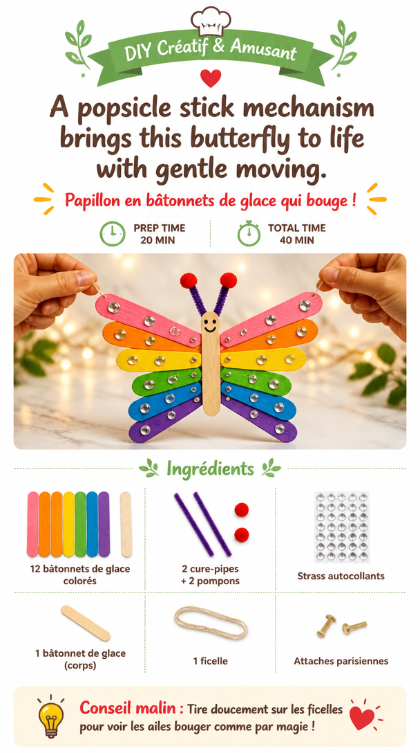 A popsicle stick mechanism brings this butterfly to life with gentle moving wings for a playful handmade project. Keep this idea for later. 6 A popsicle stick mechanism brings this butterfly to life with gentle moving wings for a playful handmade project. Keep this idea for later.