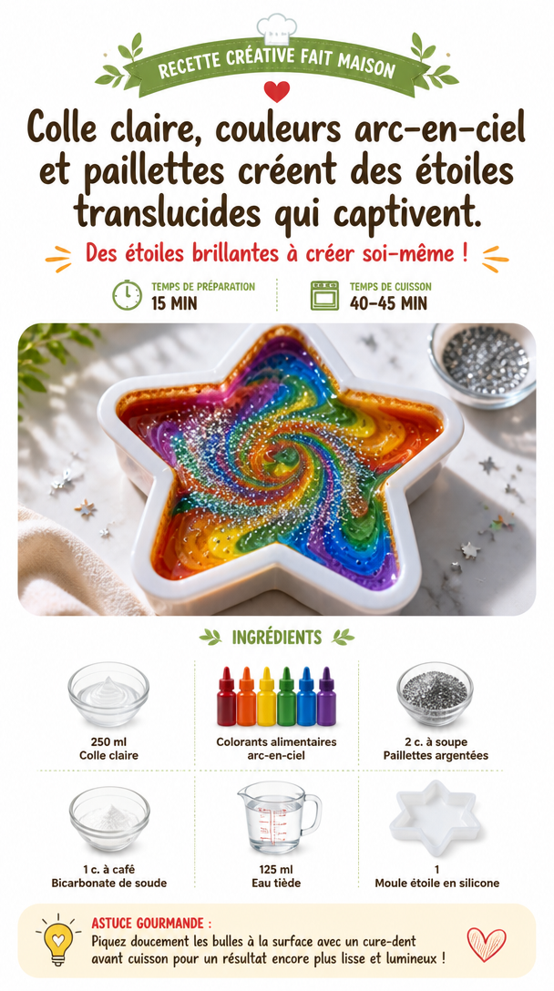 Clear glue, rainbow colors, and glitter create translucent star decorations that catch the light beautifully in any window. Which version would you make? 6 Clear glue, rainbow colors, and glitter create translucent star decorations that catch the light beautifully in any window. Which version would you make?