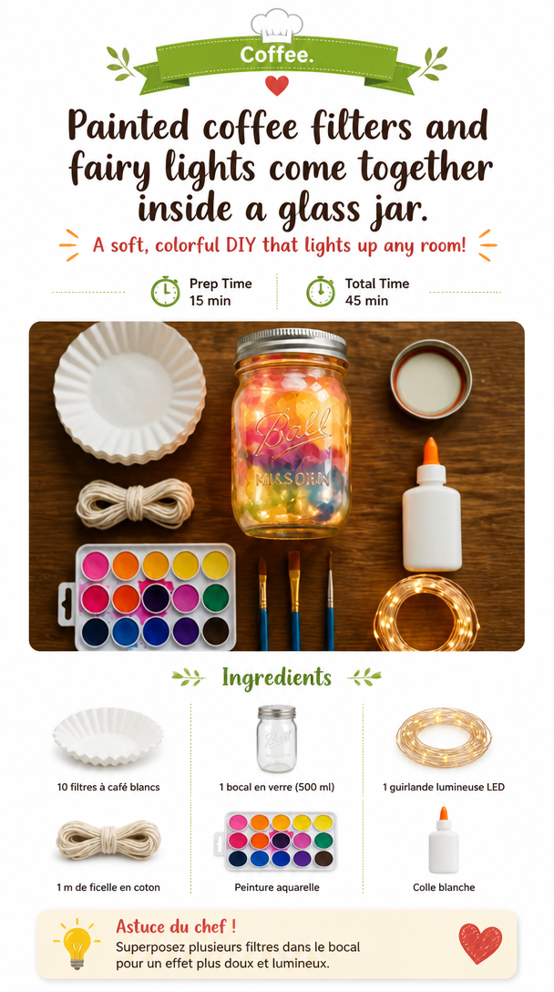 Painted coffee filters and fairy lights come together inside a glass jar to create a glowing jellyfish display with a soft underwater feel. Perfect for your next craft day. 6 Painted coffee filters and fairy lights come together inside a glass jar to create a glowing jellyfish display with a soft underwater feel. Perfect for your next craft day.