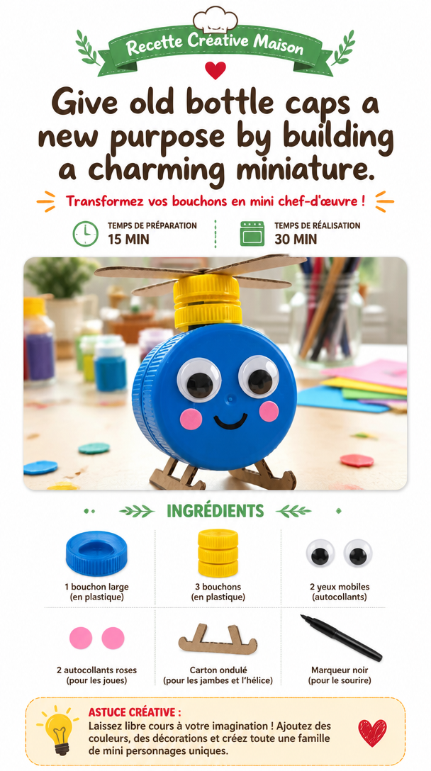 Give old bottle caps a new purpose by building a charming miniature helicopter with colorful recycled pieces. Which version would you make? 6 Give old bottle caps a new purpose by building a charming miniature helicopter with colorful recycled pieces. Which version would you make?