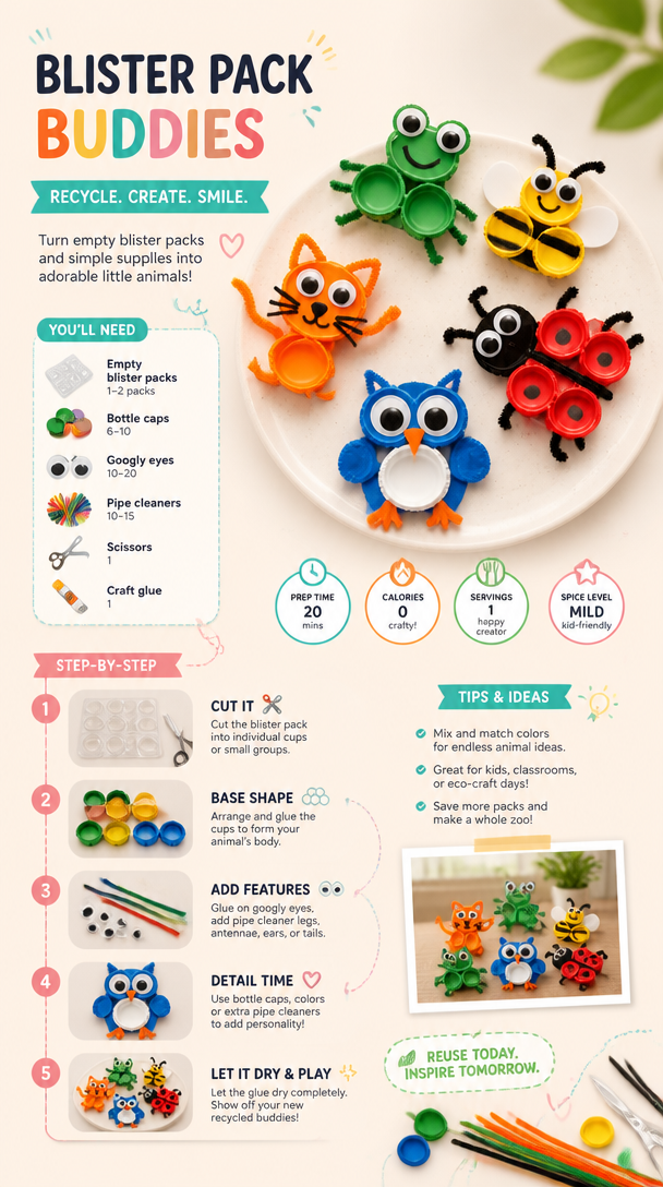 Empty blister packs become adorable little animals with simple craft supplies and a bit of creativity for a fun recycling project. 6 Empty blister packs become adorable little animals with simple craft supplies and a bit of creativity for a fun recycling project.